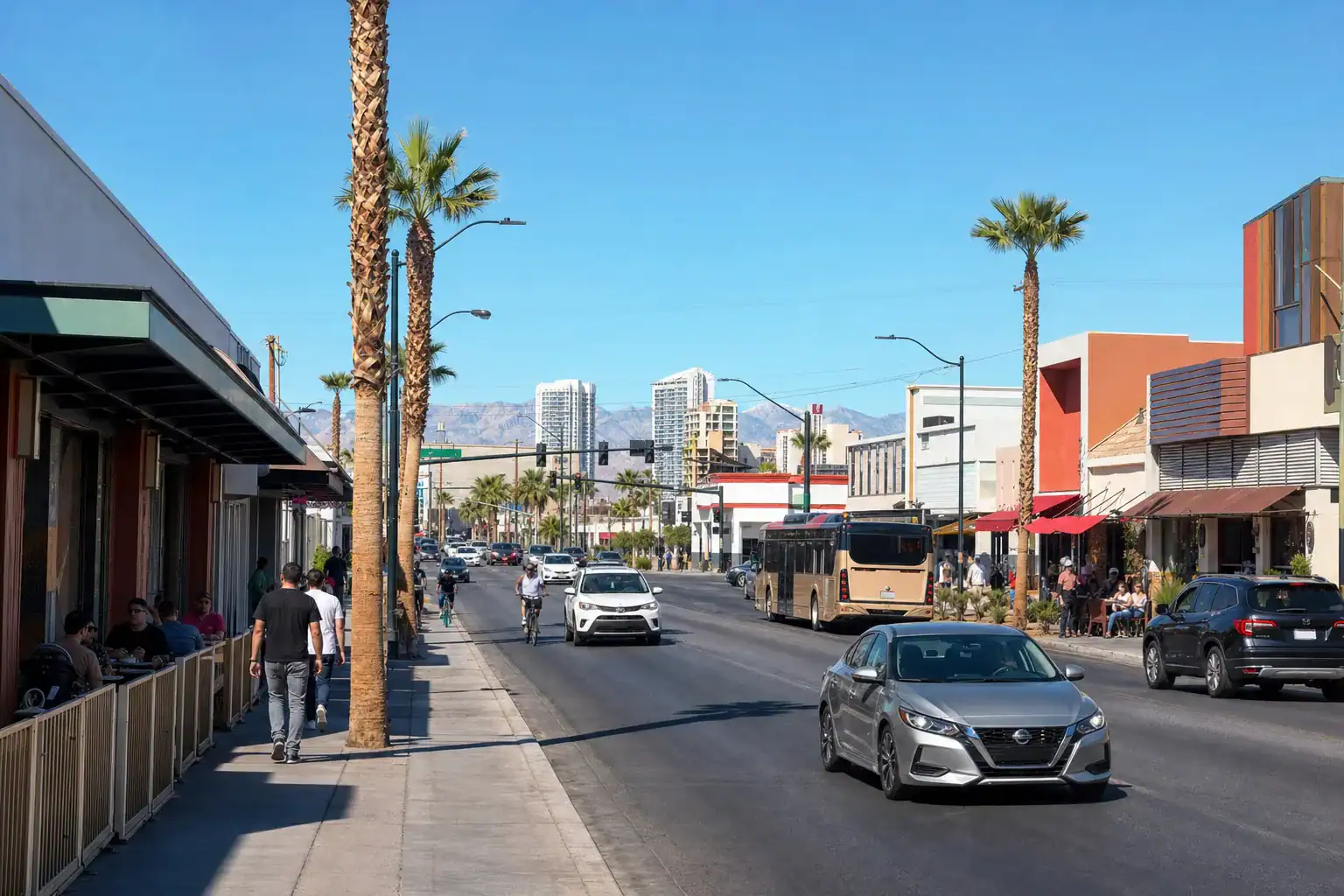 A busy urban street with palm trees, pedestrians at outdoor cafes, and vehicles including a silver sedan and a beige bus on a sunny day, with mountains in the background.