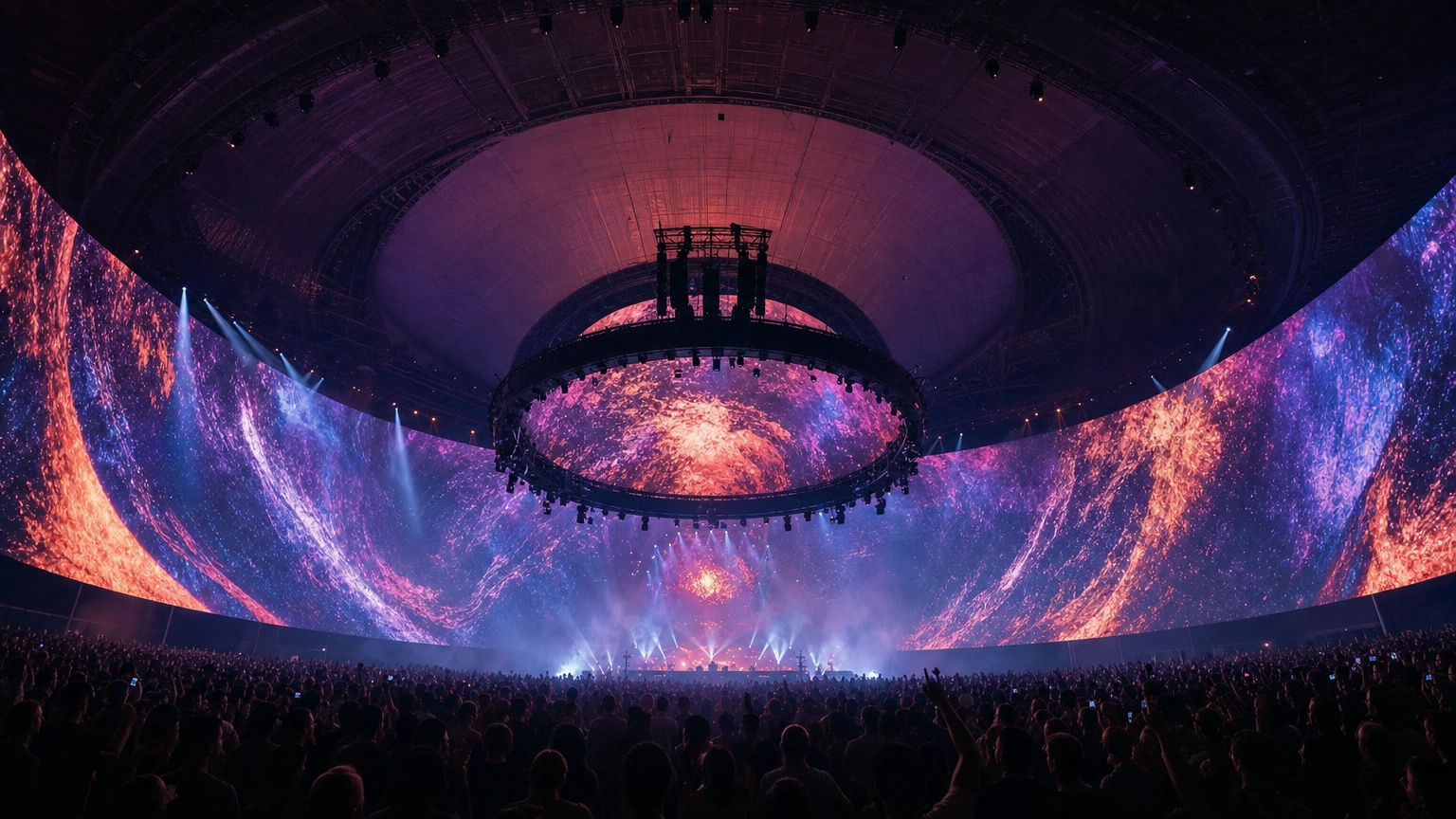 Immersive Concert Inside The Sphere – Personal Sedan Services Interior of a domed Las Vegas venue with a giant wraparound screen and a packed crowd during a concert