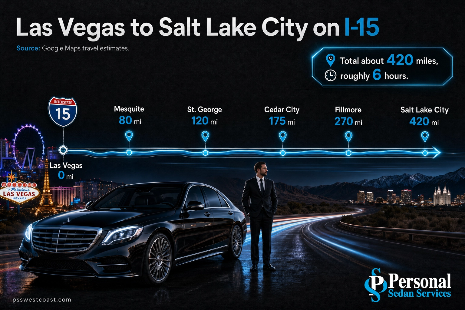Route line infographic of I-15 stops from Las Vegas to Salt Lake City with mileage markers
