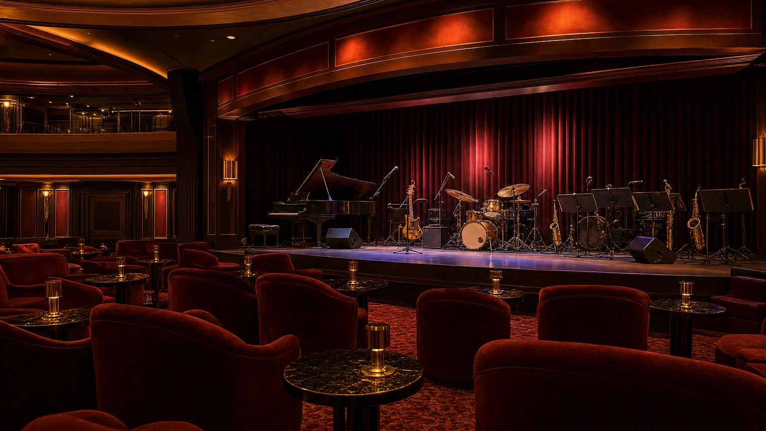 Intimate Las Vegas Theater Stage – Personal Sedan Services Interior of an intimate upscale Las Vegas theater with a lit stage set for a live band