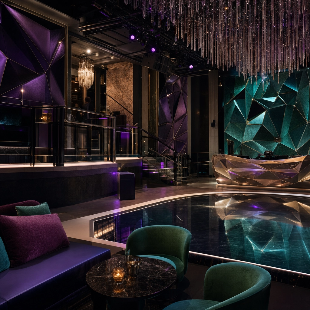 Jewel Nightclub Aria Jewel-Toned Room With VIP Suites – Personal Sedan Services Intimate jewel-toned Las Vegas nightclub interior with faceted glowing panels and VIP suites at Jewel Aria