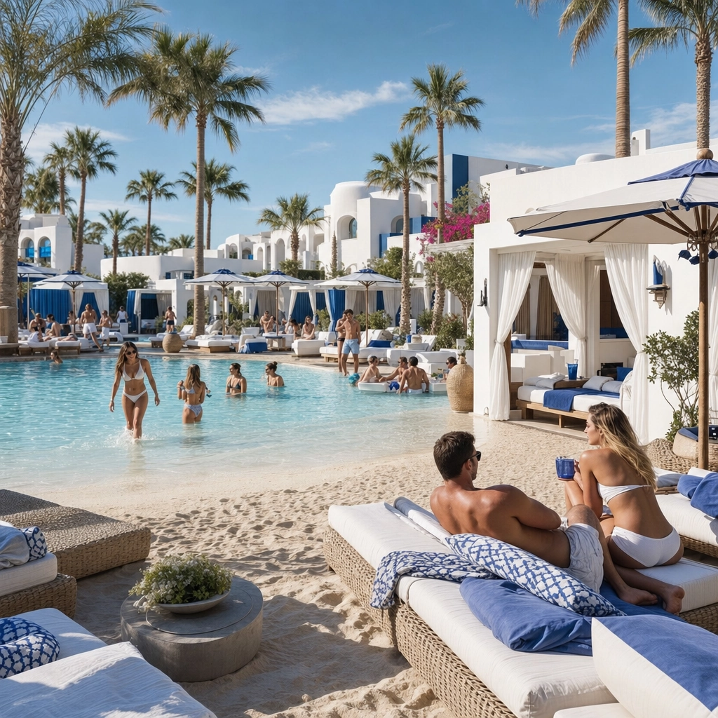Kassi Beach Club Las Vegas Greek Style Pool – Personal Sedan Services Greek-island style Las Vegas beach club with whitewashed cabanas, a pool and sand on a sunny day