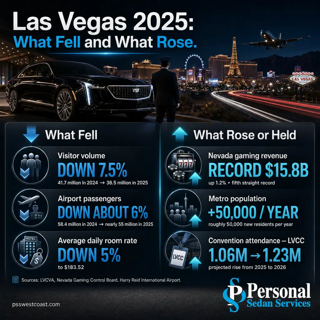 Las Vegas 2025 What Fell And What Rose – Personal Sedan Services Infographic comparing Las Vegas 2025 declines in tourism against record gaming revenue and growth