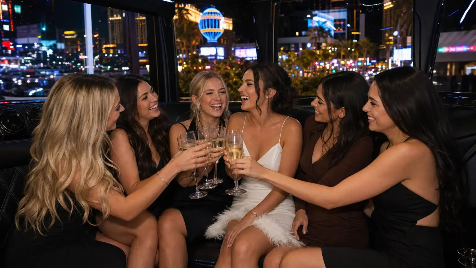 Bachelorette group celebrating with champagne inside a luxury party bus on the Las Vegas Strip at night
