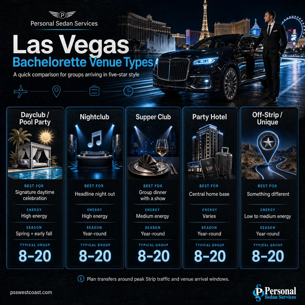 Infographic comparing dayclub, nightclub, supper club, party hotel and off-Strip bachelorette venue types in Las Vegas