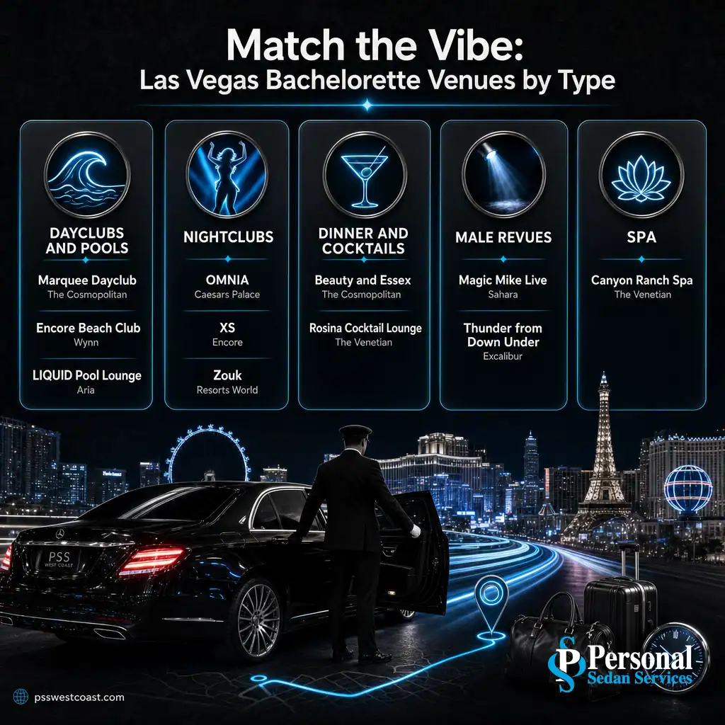 Las Vegas Bachelorette Venues By Type – Personal Sedan Services Infographic grouping the best Las Vegas bachelorette venues into dayclubs, nightclubs, dining, male revues and spa