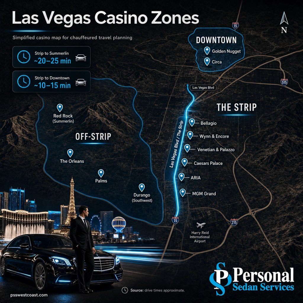 Illustrated map of Las Vegas casino zones showing Strip, off-Strip, and downtown casinos with drive times
