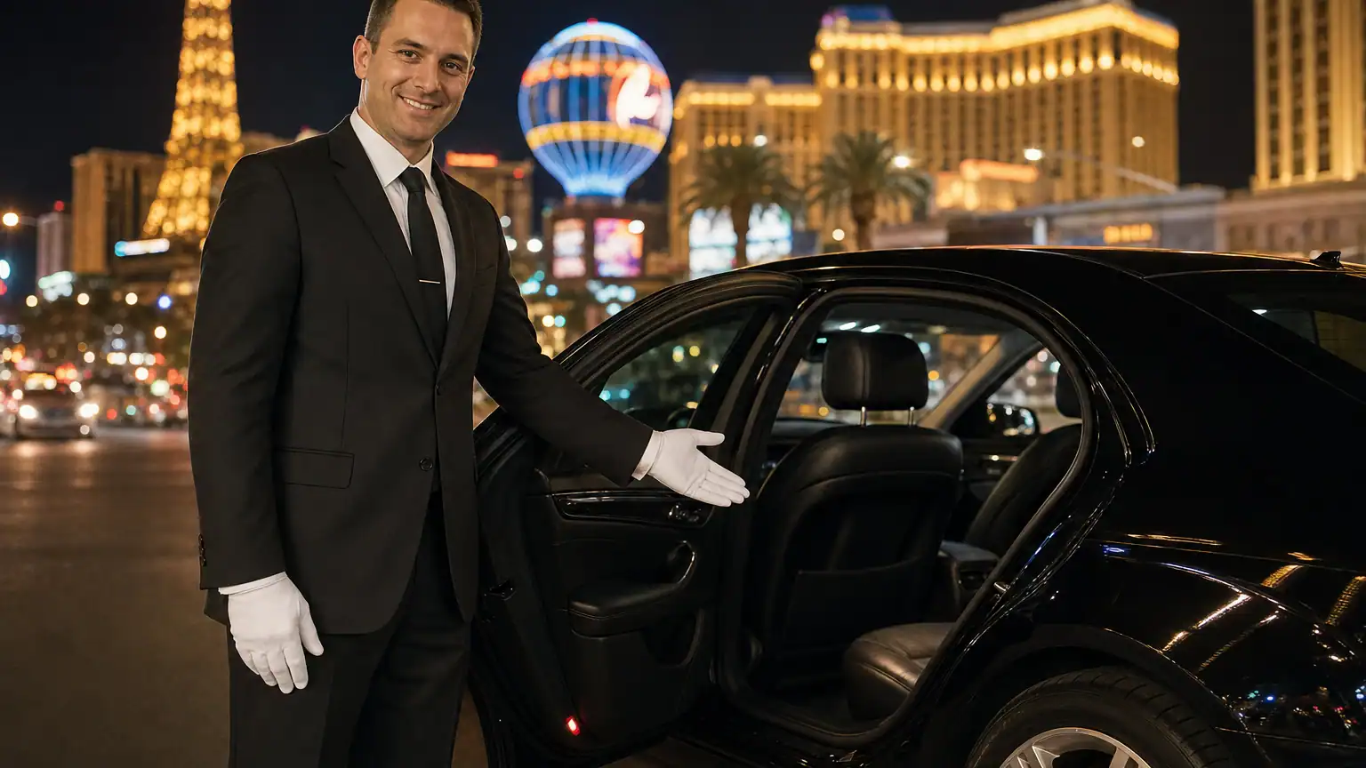Professional chauffeur opening the rear door of a black luxury sedan on the Las Vegas Strip at night