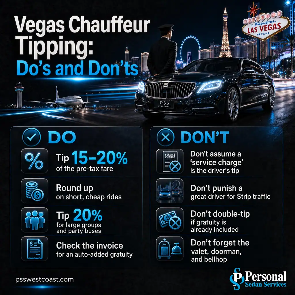 Las Vegas Chauffeur Tipping Dos And Donts Checklist – Personal Sedan Services Do's and don'ts infographic for tipping a limo driver or chauffeur in Las Vegas