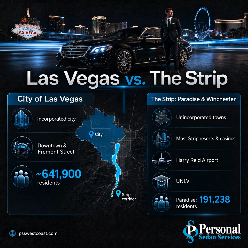 Las Vegas City Versus The Strip Comparison – Personal Sedan Services Infographic comparing the city of Las Vegas with the Strip located in Paradise and Winchester