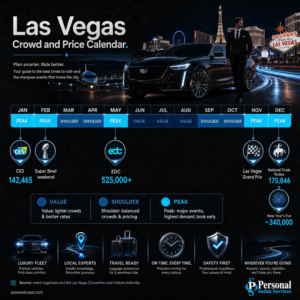 Infographic calendar of Las Vegas peak, shoulder and value windows with major event attendance figures