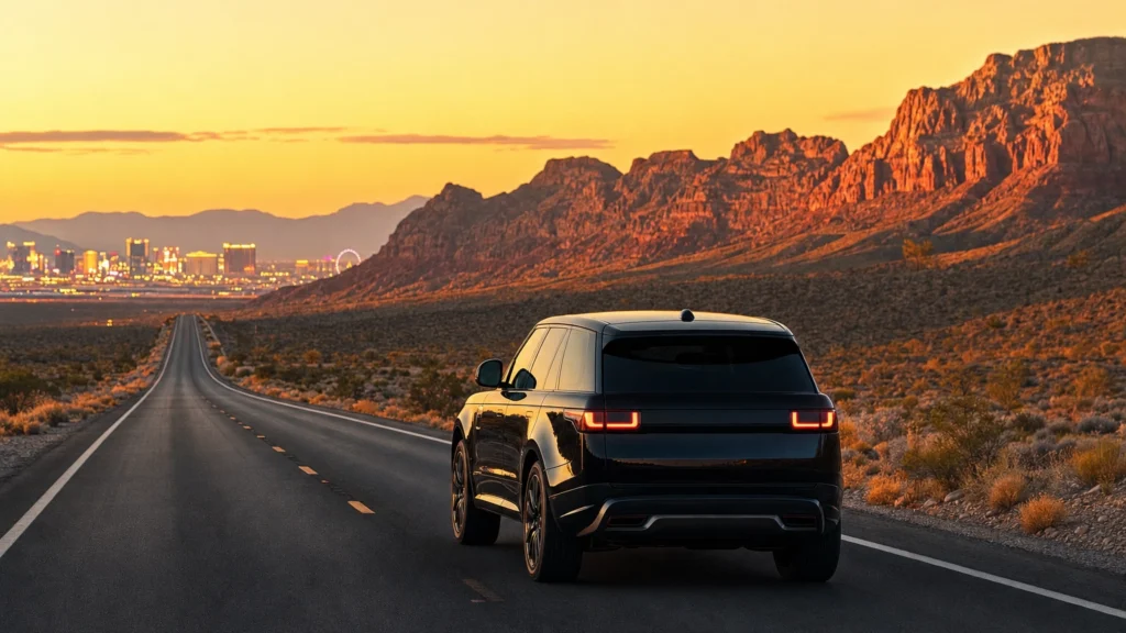 Black luxury SUV driving out of Las Vegas onto an open desert highway toward red-rock country at golden hour