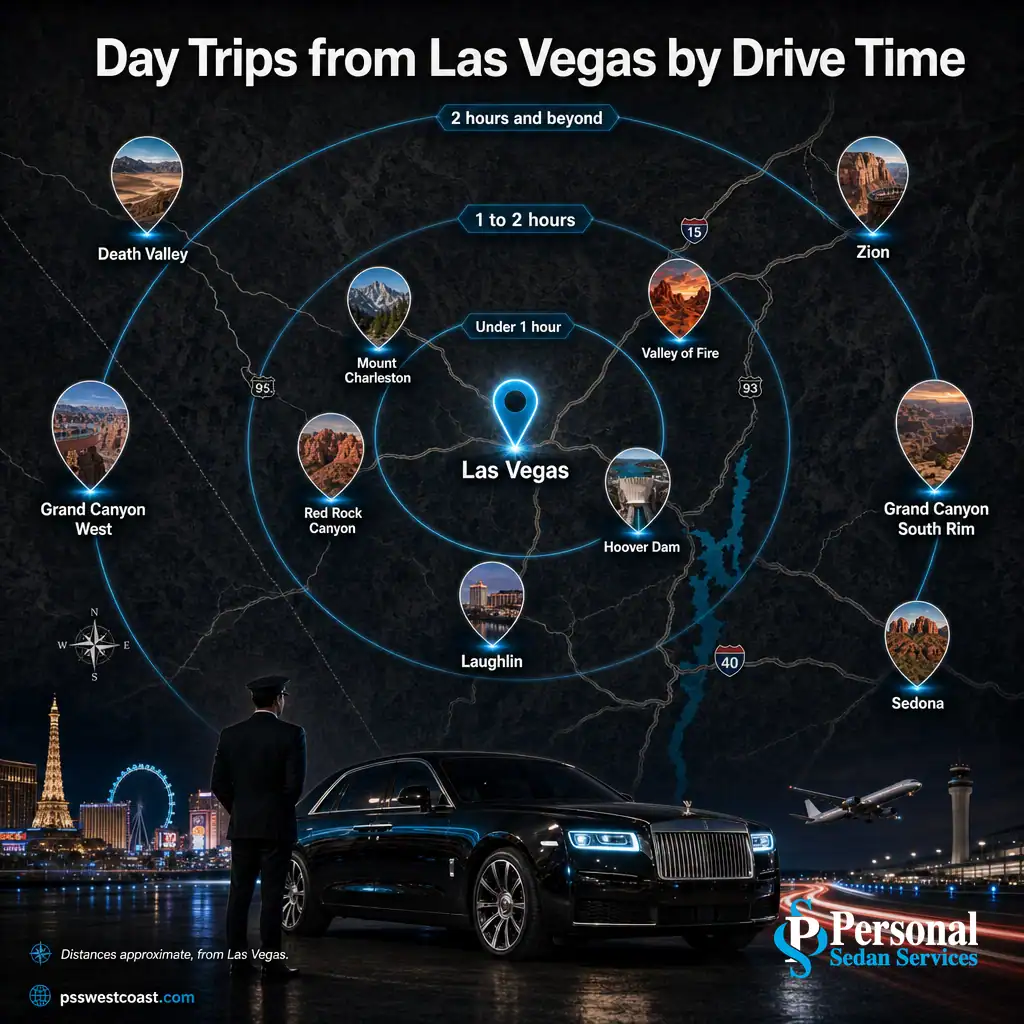 Las Vegas Day Trips Map By Drive Time Rings – Personal Sedan Services Illustrated map showing Las Vegas day-trip destinations grouped into drive-time rings under 1 hour, 1 to 2 hours, and beyond
