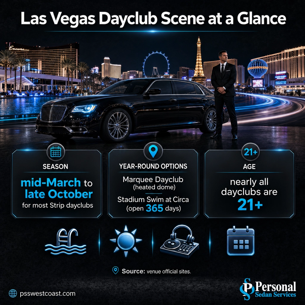 Las Vegas Dayclub Scene At A Glance Infographic – Personal Sedan Services Infographic showing Las Vegas dayclub season, year-round pool options, and 21-and-over age rule