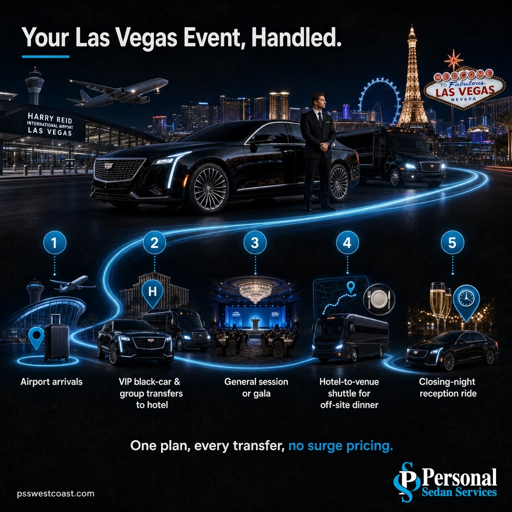 Las Vegas Event Transportation Timeline Infographic – Personal Sedan Services Infographic timeline of chauffeured Las Vegas event transportation from airport arrivals to the closing reception