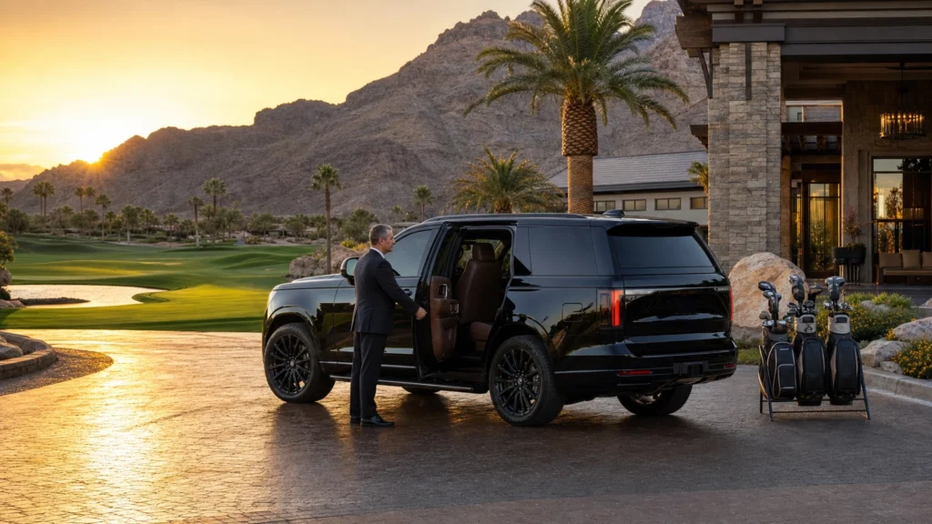 Black luxury SUV and bare-headed chauffeur at a Las Vegas desert golf course clubhouse at sunrise