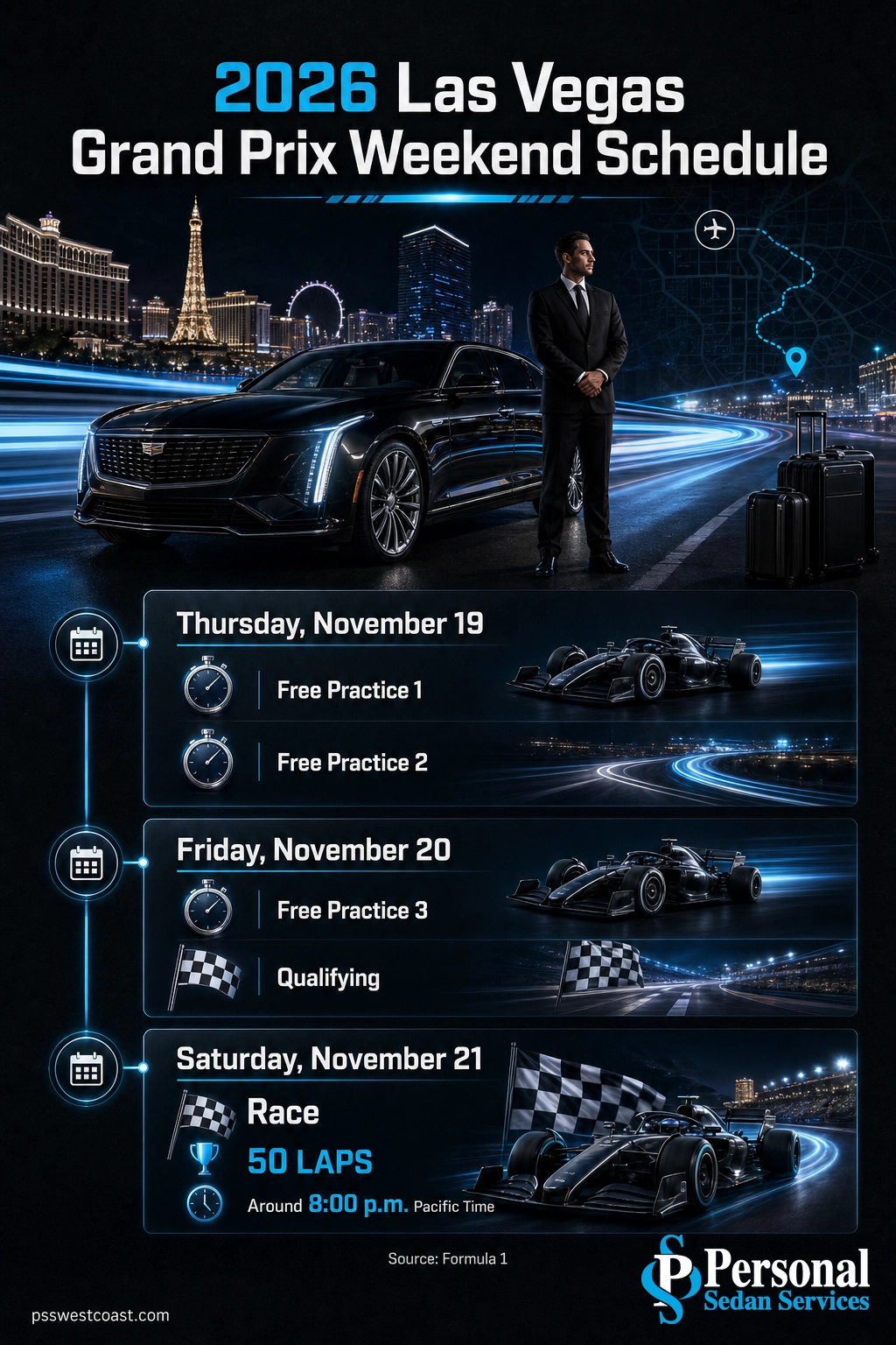 Las Vegas Grand Prix 2026 Weekend Schedule – Personal Sedan Services 2026 Las Vegas Grand Prix schedule: practice Thursday, qualifying Friday, race Saturday Nov 21