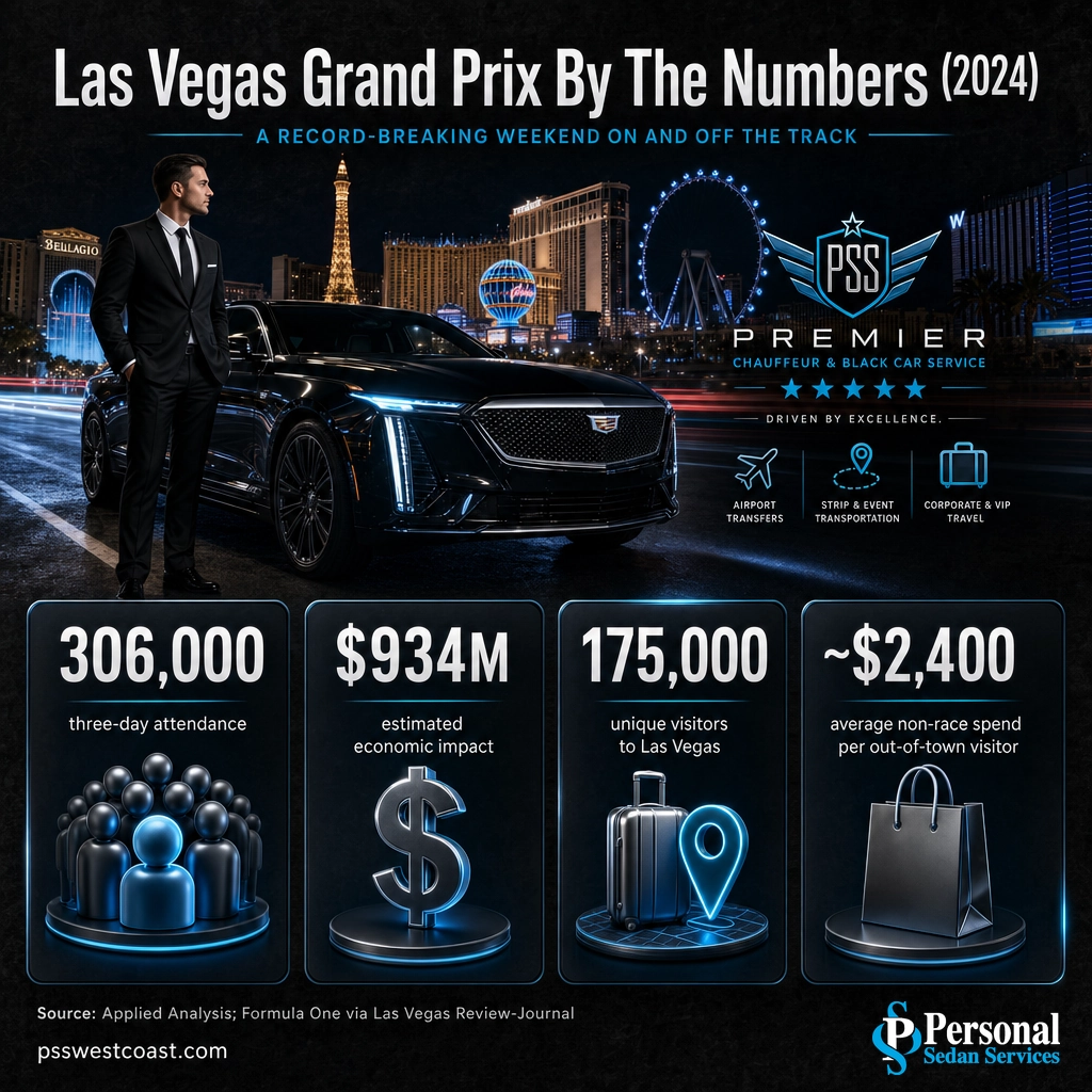 Las Vegas Grand Prix By The Numbers 2024 – Personal Sedan Services 2024 Las Vegas Grand Prix stats: 306,000 attendance and 934 million dollars economic impact