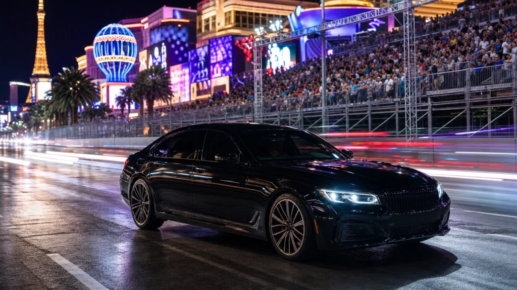 Black luxury sedan on the neon Las Vegas Strip at night during Grand Prix race weekend