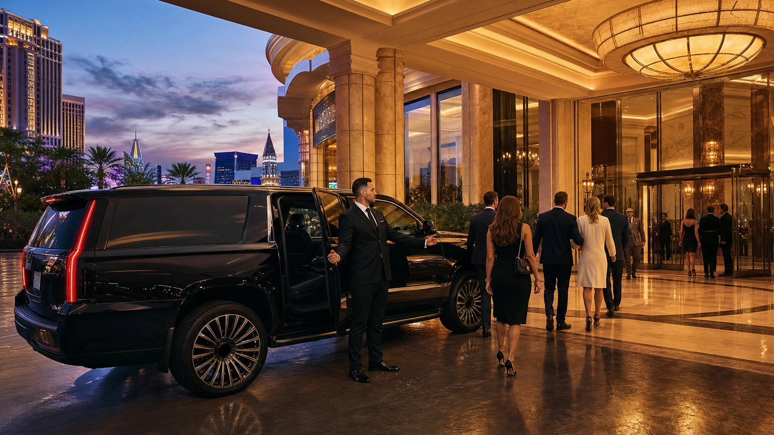 Black luxury SUV and bare-headed chauffeur at a Las Vegas Strip resort event entrance at dusk