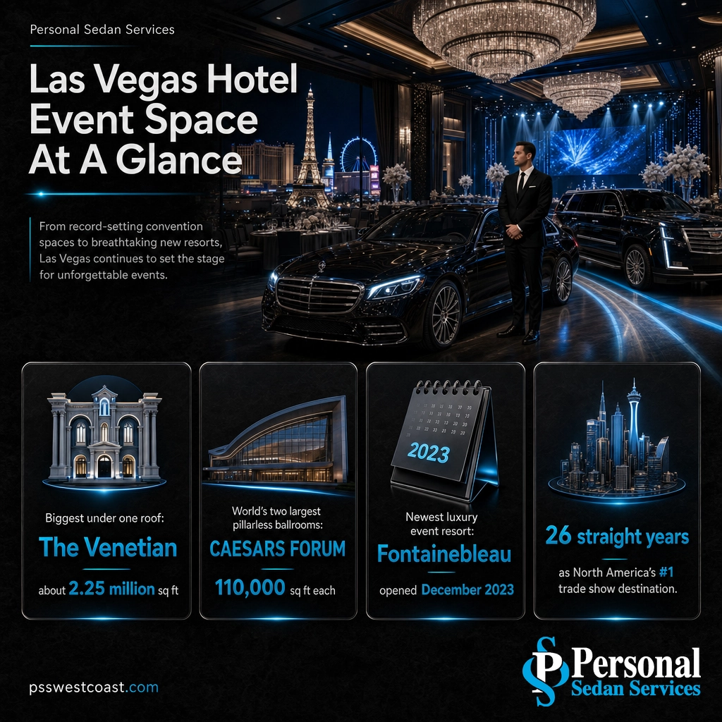 Las Vegas Hotel Event Space At A Glance Infographic – Personal Sedan Services Infographic showing the largest Las Vegas hotel event spaces and top ballrooms