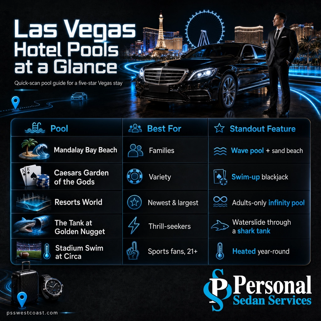 Las Vegas Hotel Pools At A Glance Comparison – Personal Sedan Services Infographic comparing the best Las Vegas hotel pools by who they are best for and standout feature