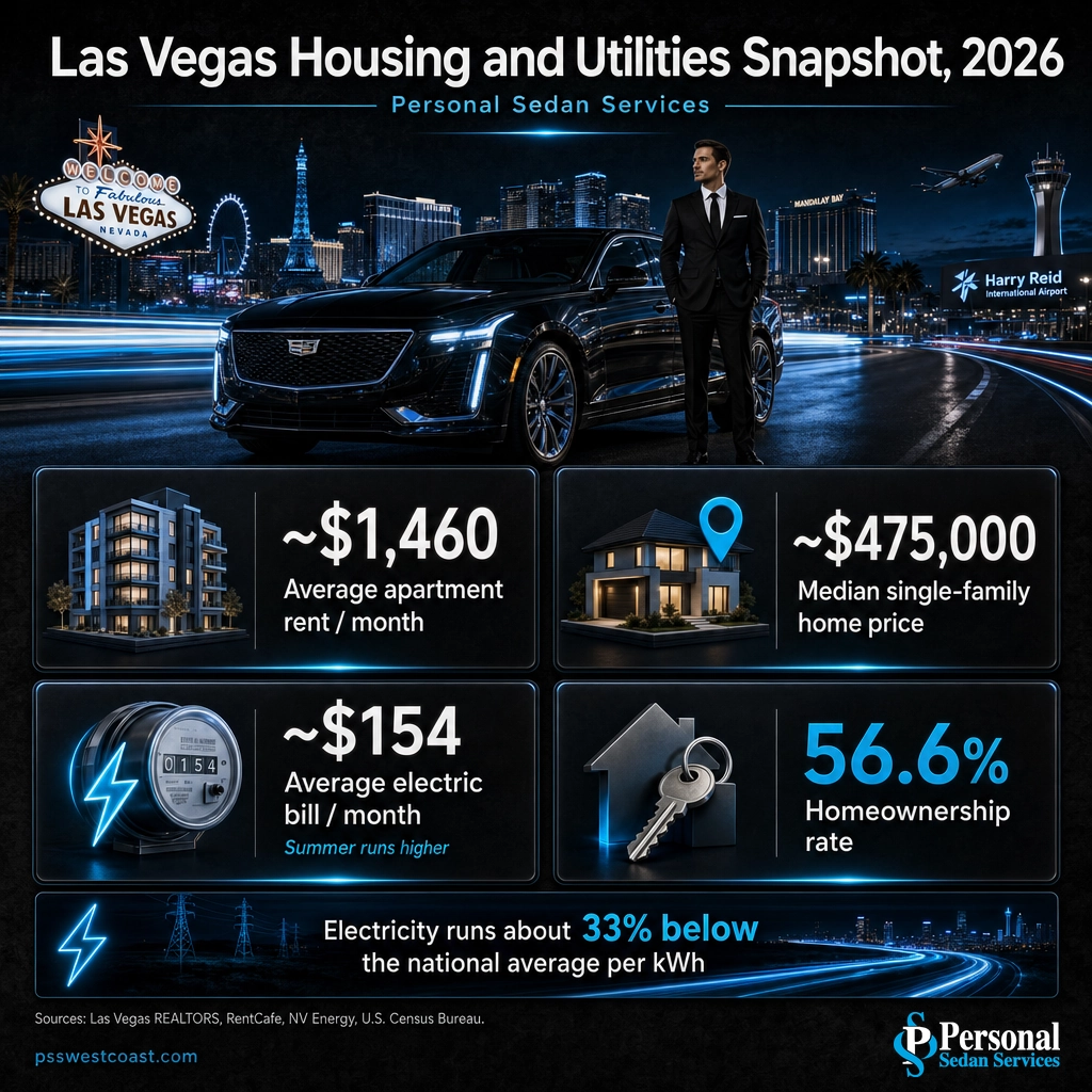 Infographic with Las Vegas 2026 rent, home price, electric bill, and homeownership rate figures