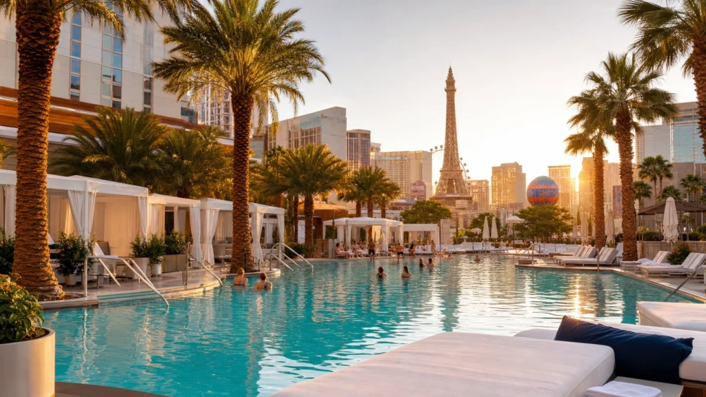 Luxury Las Vegas Strip hotel resort pool with palm trees and cabanas at golden hour