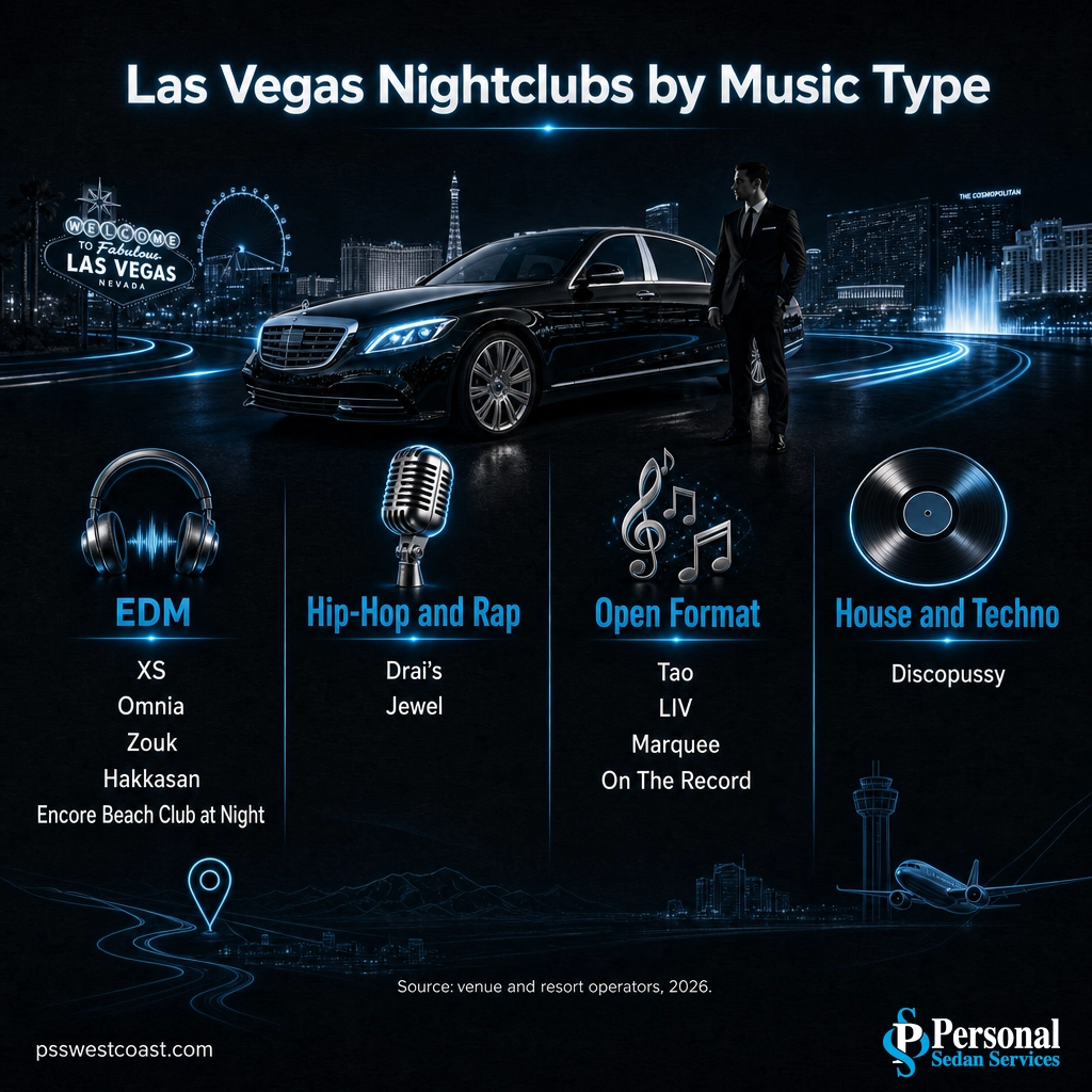Las Vegas Nightclubs Sorted By Music Type EDM Hip Hop Open Format House Techno – Personal Sedan Services Infographic sorting 12 Las Vegas nightclubs into EDM, hip-hop, open format, and house and techno columns