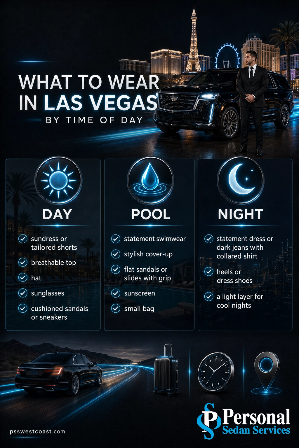 Las Vegas Outfits By Time Of Day Day Pool Night – Personal Sedan Services Infographic comparing Las Vegas day, pool and night outfits side by side