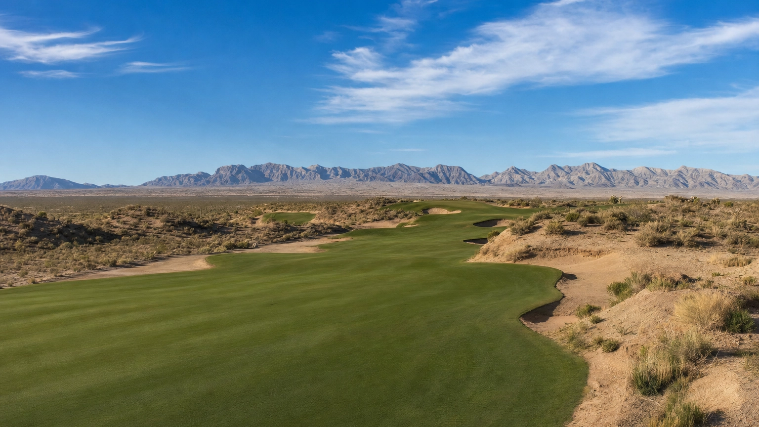 Las Vegas Paiute Desert Golf Pete Dye – Personal Sedan Services Wide-open Pete Dye desert golf hole at Las Vegas Paiute with mountains on the horizon