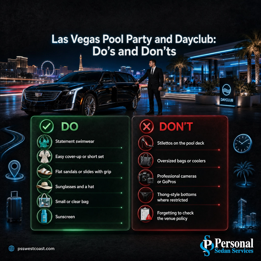 Las Vegas Pool Party And Dayclub Outfit Dos And Donts – Personal Sedan Services Infographic of Las Vegas pool party and dayclub outfit dos and donts