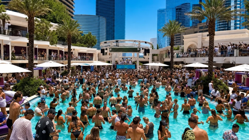Crowded Las Vegas Strip dayclub pool party on a sunny afternoon with cabanas, palm trees and resort towers