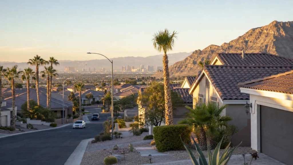 Las Vegas suburban neighborhood of single-family homes at golden hour with the distant Strip skyline