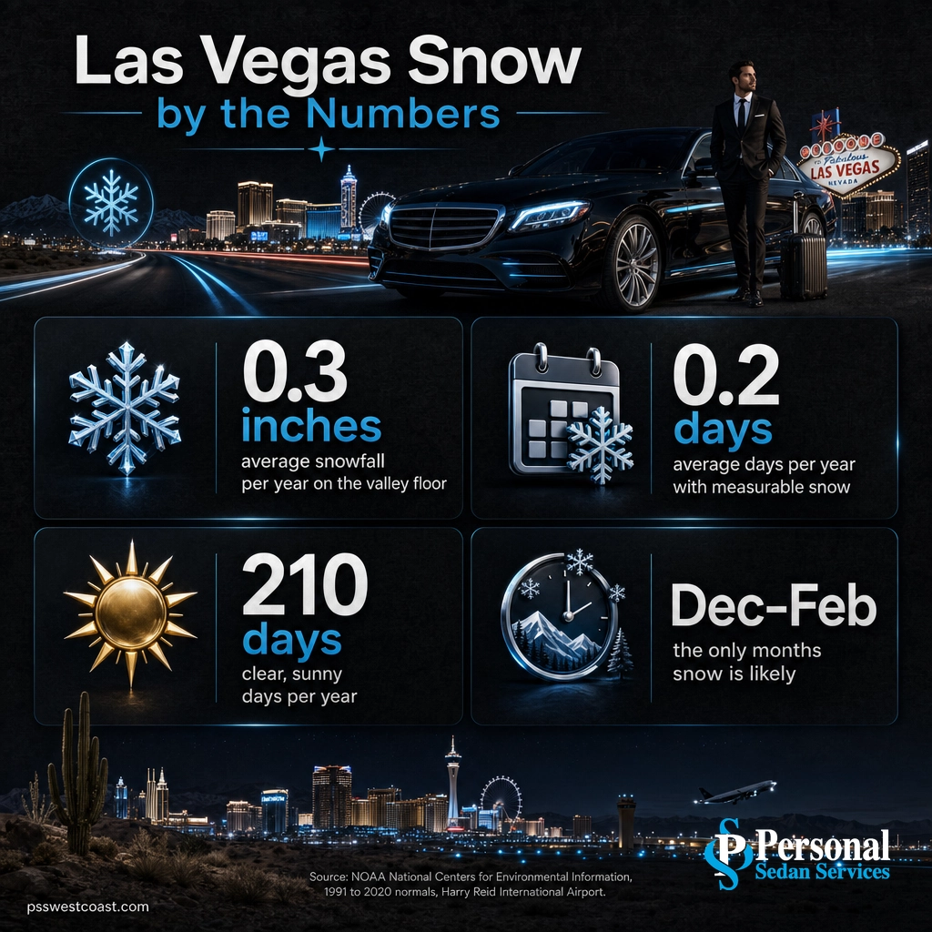 Las Vegas Snow By The Numbers Annual Snowfall And Clear Days – Personal Sedan Services Infographic of Las Vegas snow stats: 0.3 inches yearly snowfall, 0.2 snow days, 210 clear days