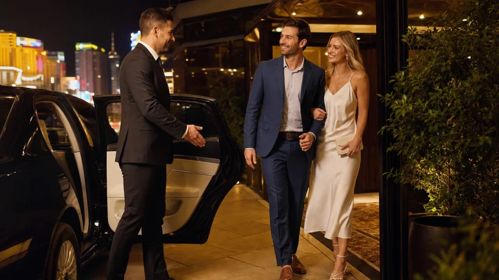 Chauffeur opening a black luxury sedan door for a couple arriving at an upscale Las Vegas steakhouse at night