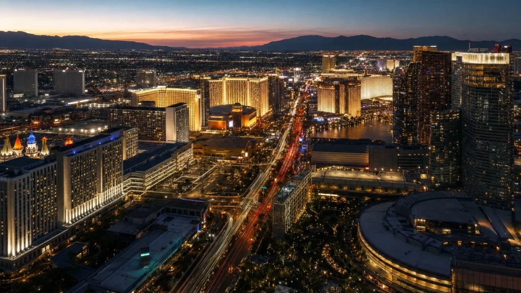 Aerial evening view down the 4.2-mile Las Vegas Strip along Las Vegas Boulevard South