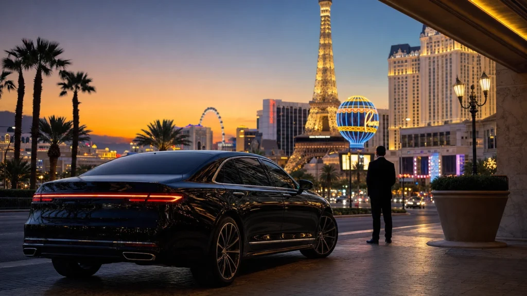 Black luxury sedan on the Las Vegas Strip at dusk, evoking Pacific Time of day