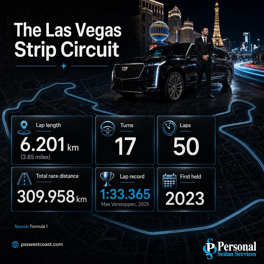 Las Vegas Strip Circuit Facts And Figures – Personal Sedan Services Las Vegas Strip Circuit stats: 6.201 km, 17 turns, 50 laps, 309.958 km race distance
