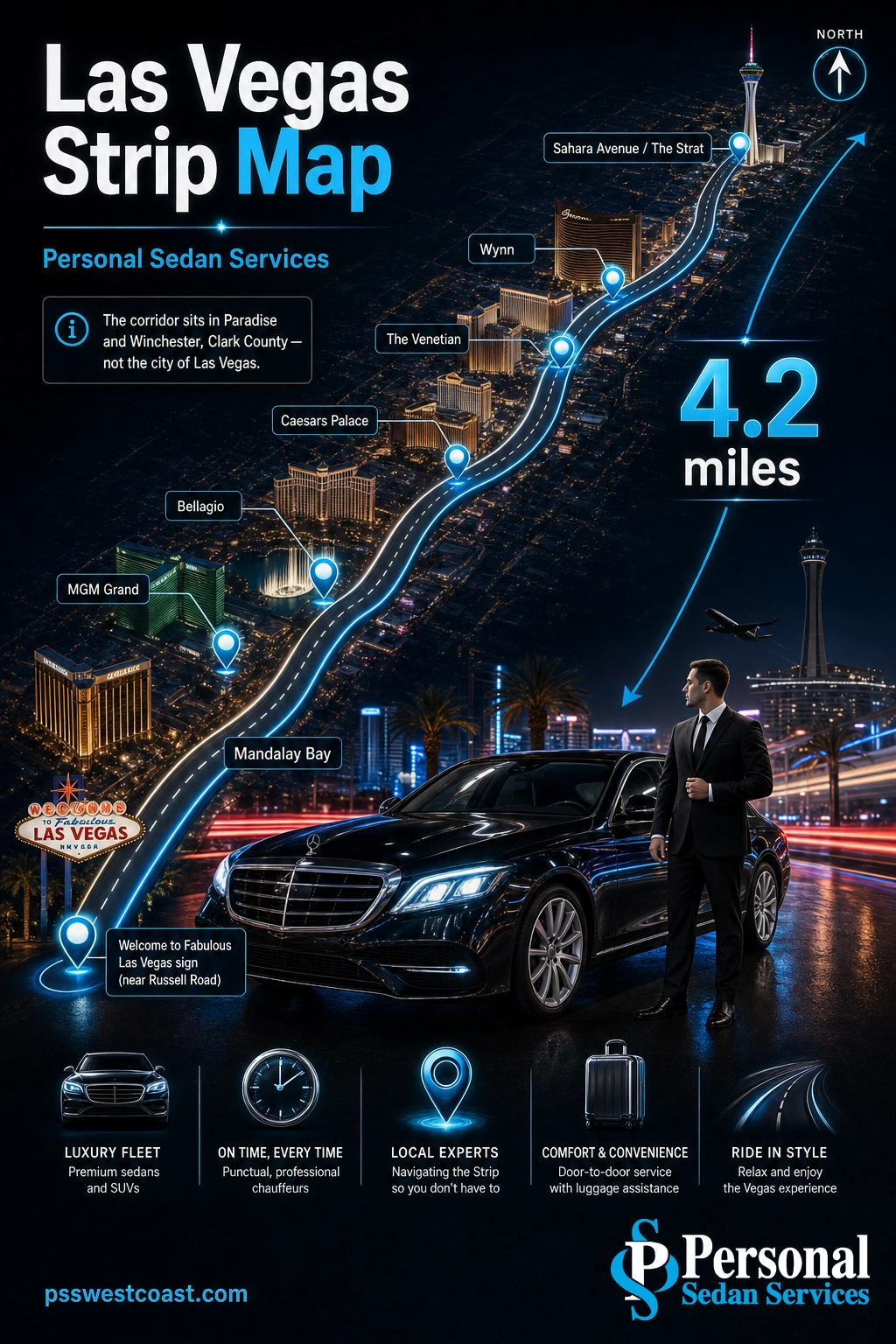 Las Vegas Strip Length Map 4.2 Miles – Personal Sedan Services Map diagram of the Las Vegas Strip showing its 4.2-mile length and north and south endpoints