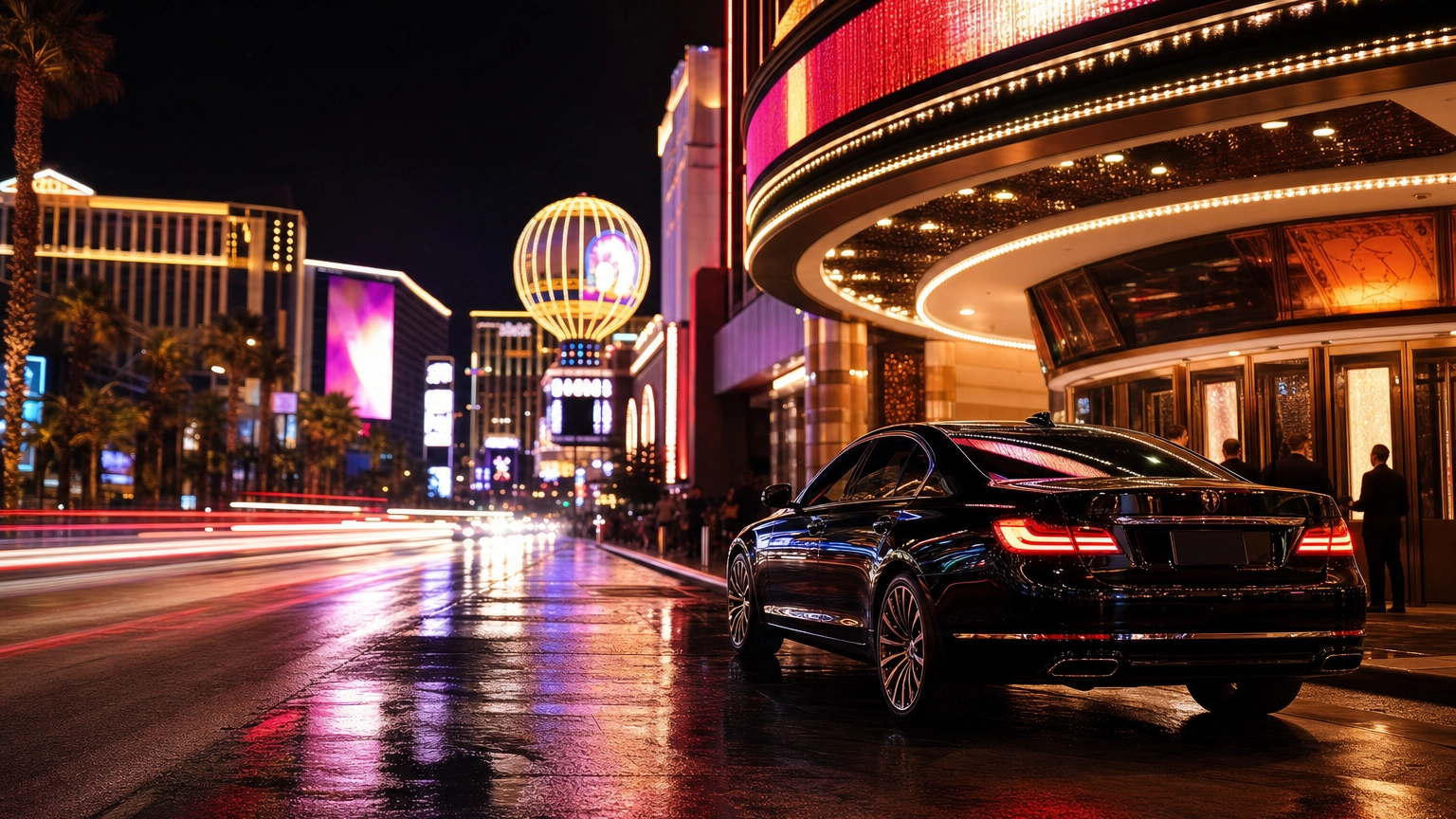 Las Vegas Strip glowing with show marquees at night as a black luxury sedan arrives at a venue