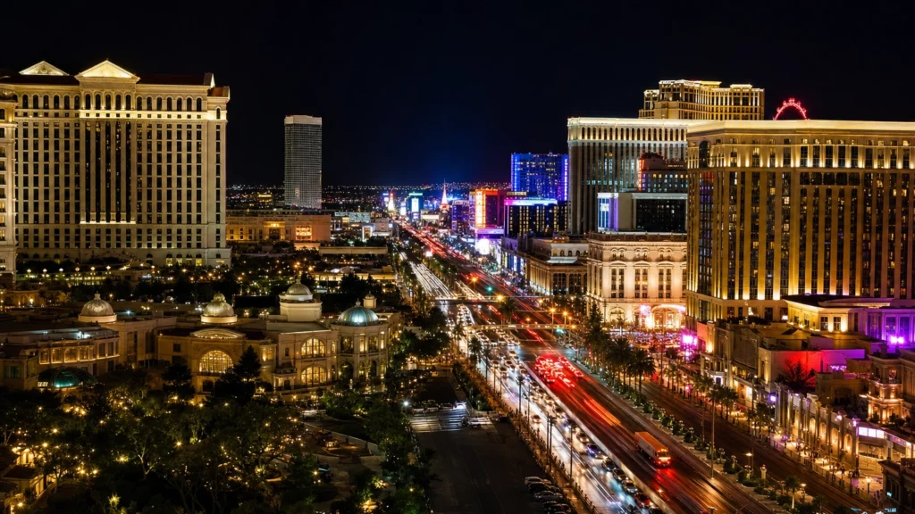 Las Vegas Strip at night with glowing theater and casino marquees lining the boulevard