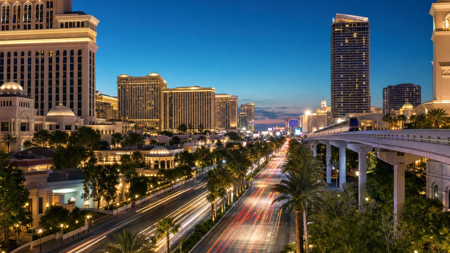 Evening view down the Las Vegas Strip showing cars, buses, and the monorail along Las Vegas Boulevard