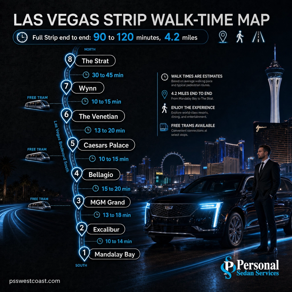 Las Vegas Strip Walk Times Between Resorts – Personal Sedan Services Infographic of walking times between major Las Vegas Strip resorts along the 4.2-mile corridor