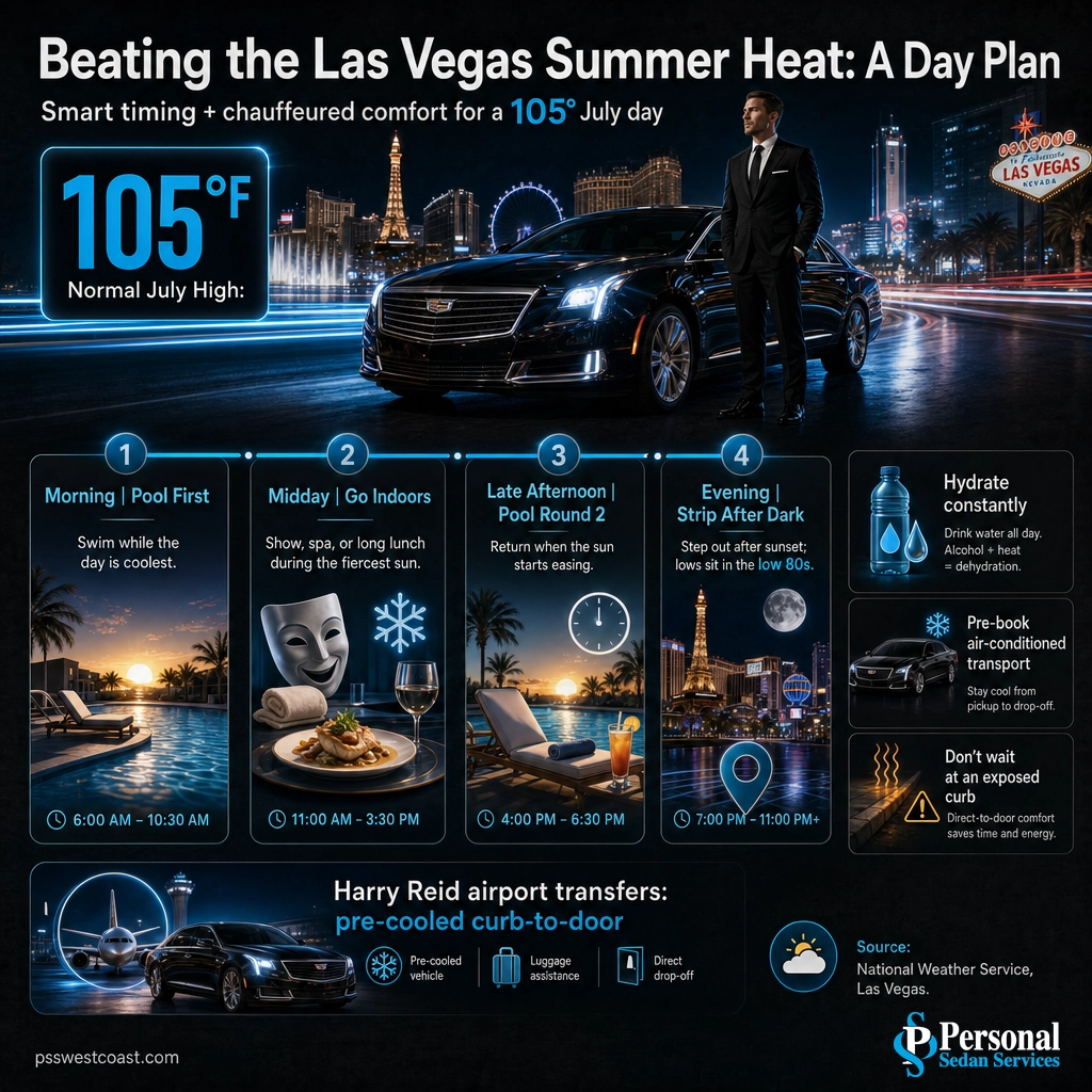 Infographic day plan for beating Las Vegas summer heat with pool, indoor and evening timing