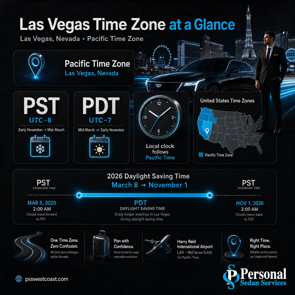 Las Vegas Time Zone At A Glance PST PDT UTC Offset – Personal Sedan Services Infographic: Las Vegas is Pacific Time, PST UTC-8 in winter and PDT UTC-7 in summer