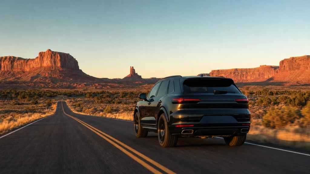 Black luxury SUV on an open Arizona desert highway heading from Las Vegas toward Antelope Canyon