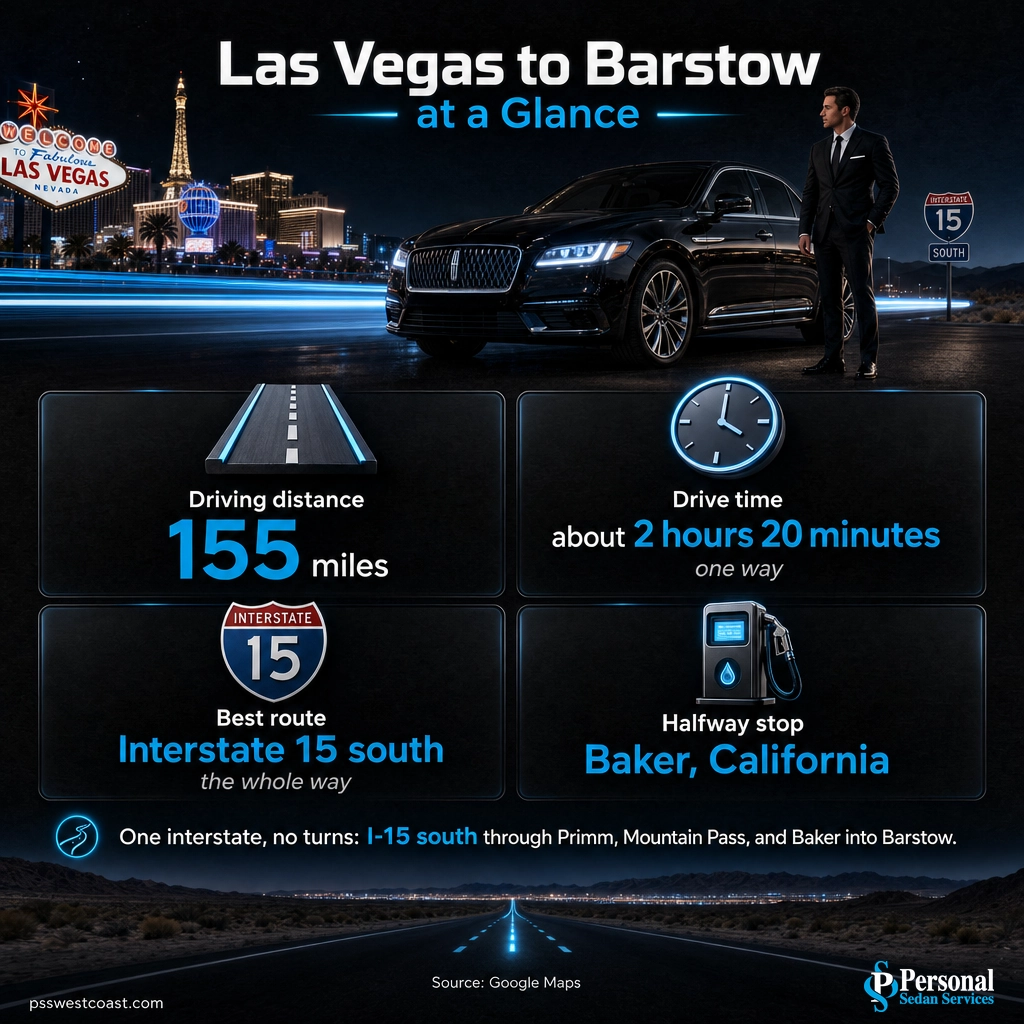 Las Vegas To Barstow Distance And Drive Time At A Glance – Personal Sedan Services Infographic showing Las Vegas to Barstow distance of 155 miles, a 2 hour 20 minute drive, and the Interstate 15 route