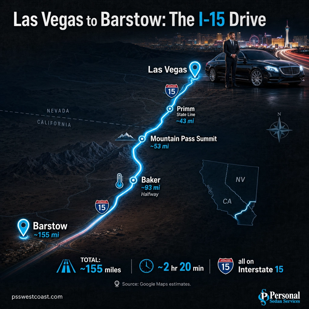 Las Vegas To Barstow Route Map On Interstate 15 – Personal Sedan Services Route map from Las Vegas to Barstow on Interstate 15 via Primm, Mountain Pass, and Baker with distance markers