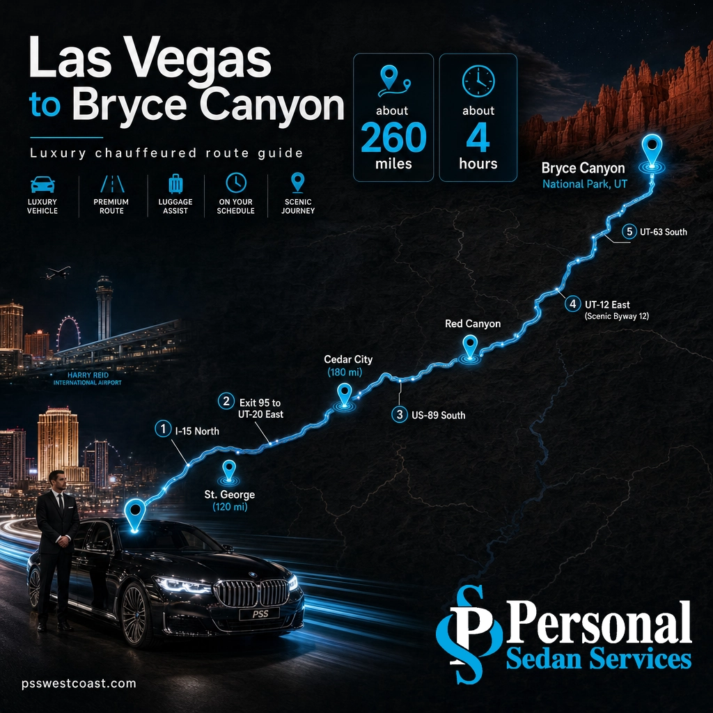 Route map from Las Vegas to Bryce Canyon showing I-15, UT-20, US-89 and Scenic Byway 12 with stops
